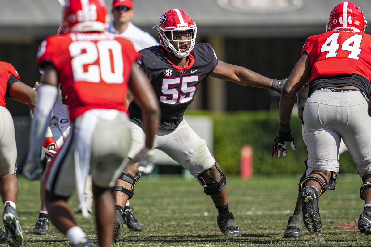 Apr 15, 2023; Athens, GA, USA; Georgia Bulldogs offensive lineman Jared Wilson (55) blocks during the Georgia Spring Game at Sanford Stadium. Mandatory Credit: Dale Zanine-USA TODAY Sports